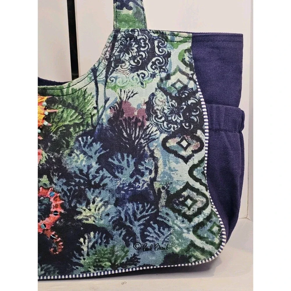 Paul Brent Seahorse Canvas Tote Bag Large Braided Shoulder Purse Beach Cruise - Picture 7 of 16
